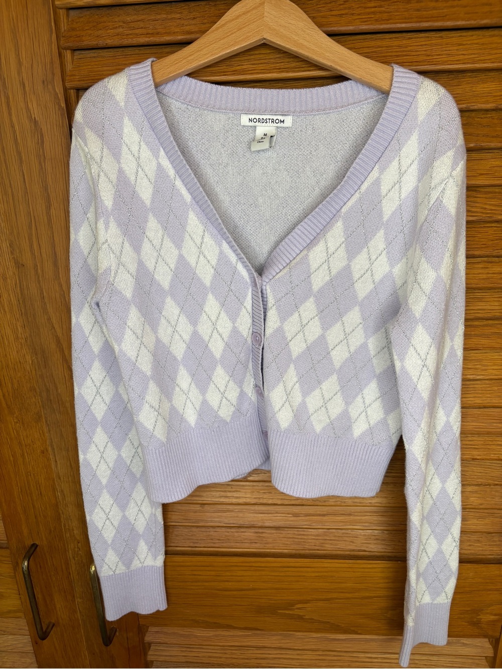 Nordstrom Lavender and Ivory Argyle V-Neck Cardigan Sweater